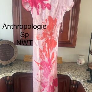 Anthropologie Pink & Coral Brushstroke Floral Midi Dress